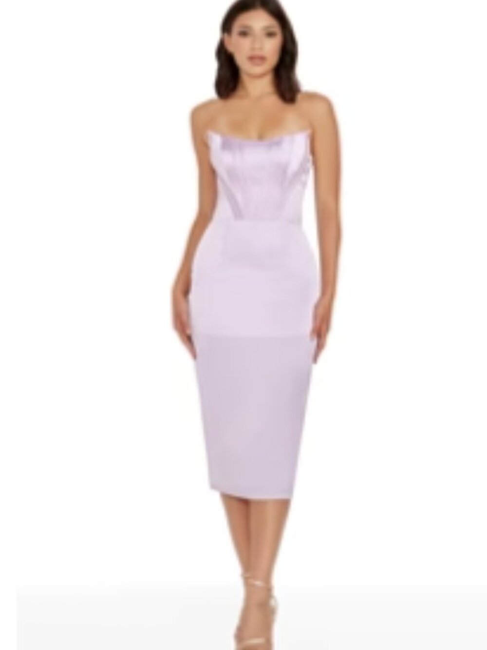 Dress the Population Lavender Strapless Satin Midi Dress